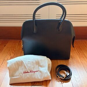 Vintage Salvatore Ferragamo Navy Leather Giancini Bag with Gold Hardware